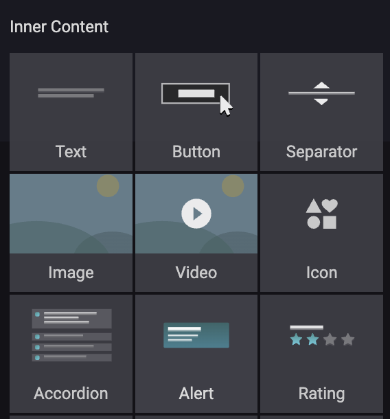 screenshot of the inner content block showing where the Text, Button, Separator, Image, Video,, Icon, Accordion, Alert, and Rating snippets are.