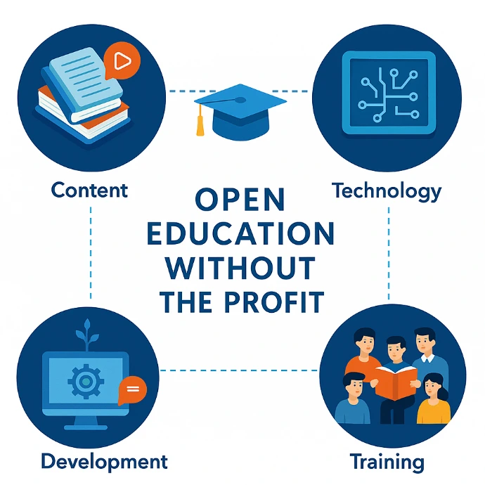 four blue circles with abstract images reflecting the text labels below each: Content, Technology, Development, and Training and in the middle the text: Open Education without the profit