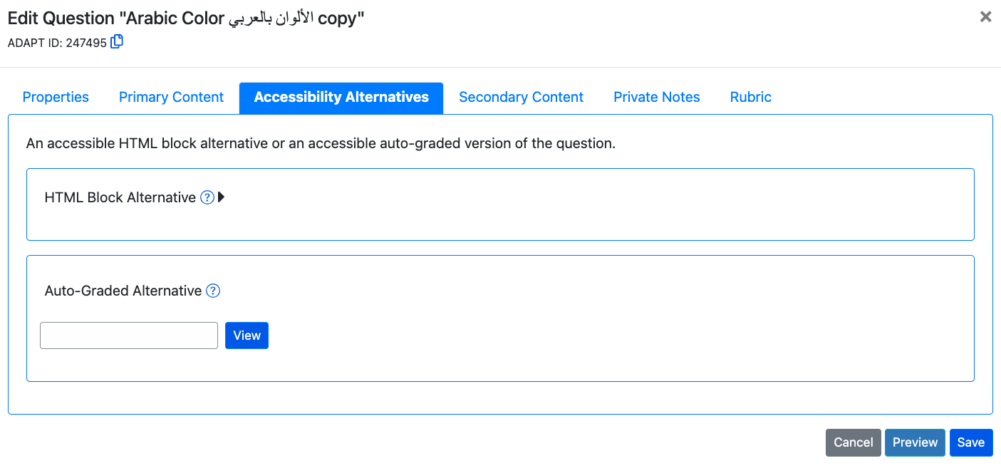screenshot of edit window for an h5p question highlighting the tab Accessibility Alternatives