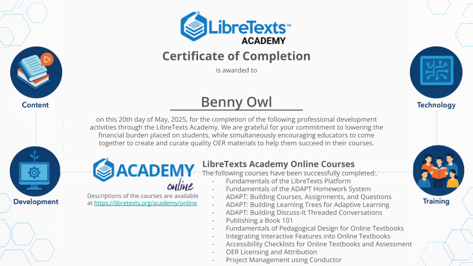 Sample of "Certificate of Completion" with list of a selection of courses. Note that this one does not have a signature, but real ones will.