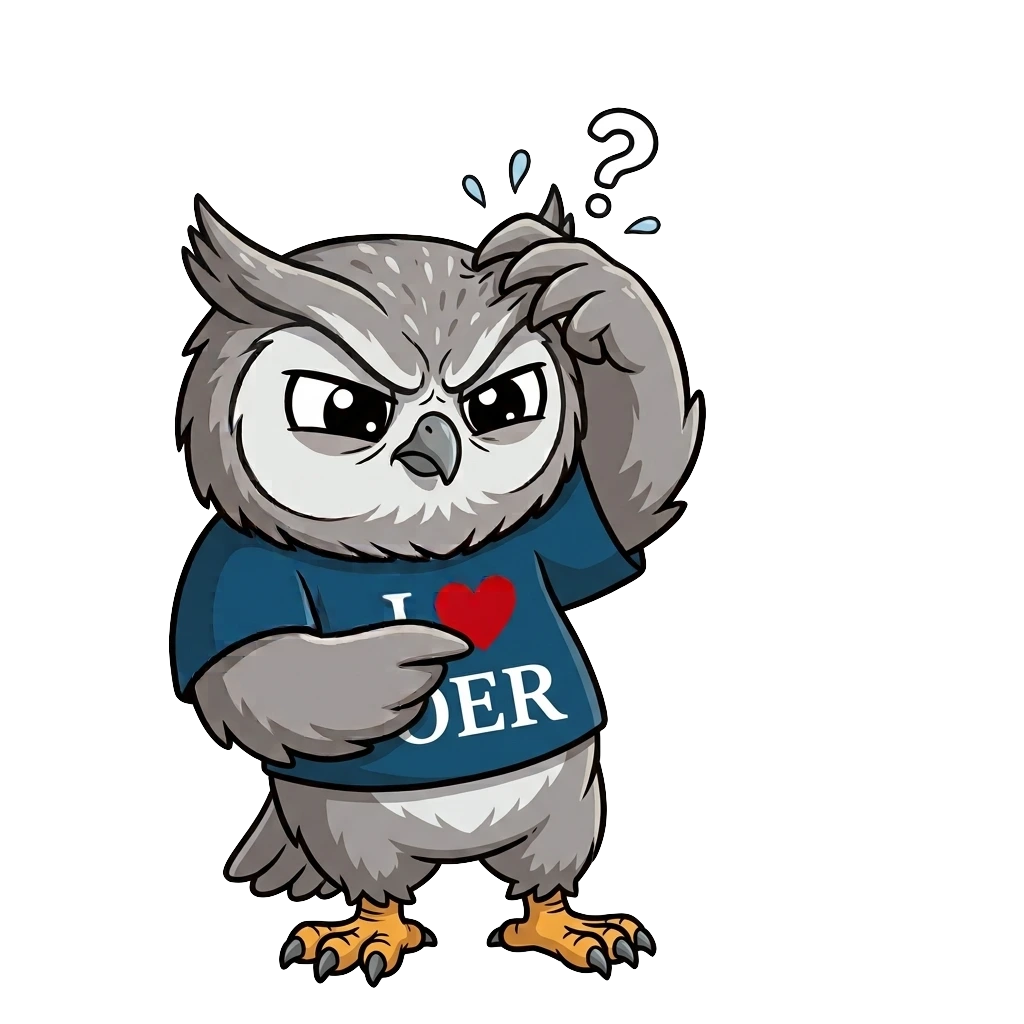 gray owl looking confused with blue t-shirt saying I heart OER