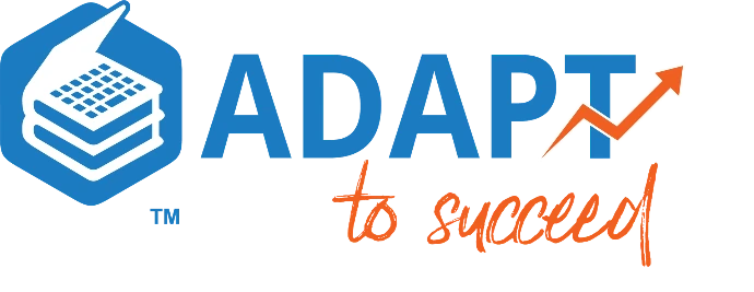 ADAPT wordmark with blue libretexts icon and ADAPT in blue and to succeed in orange script below.